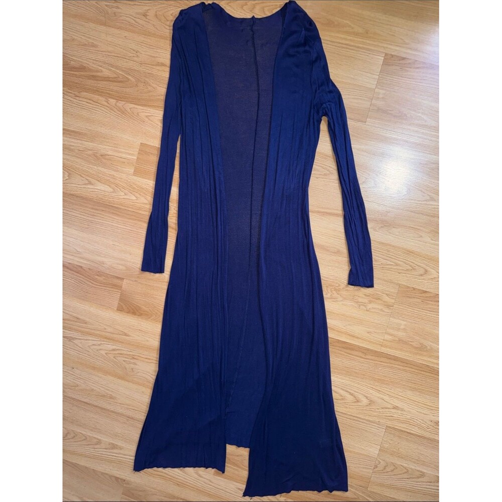 Three Dots Long Open Front Ribbed Cardigan Duster Deep Navy Medium Lightweight
